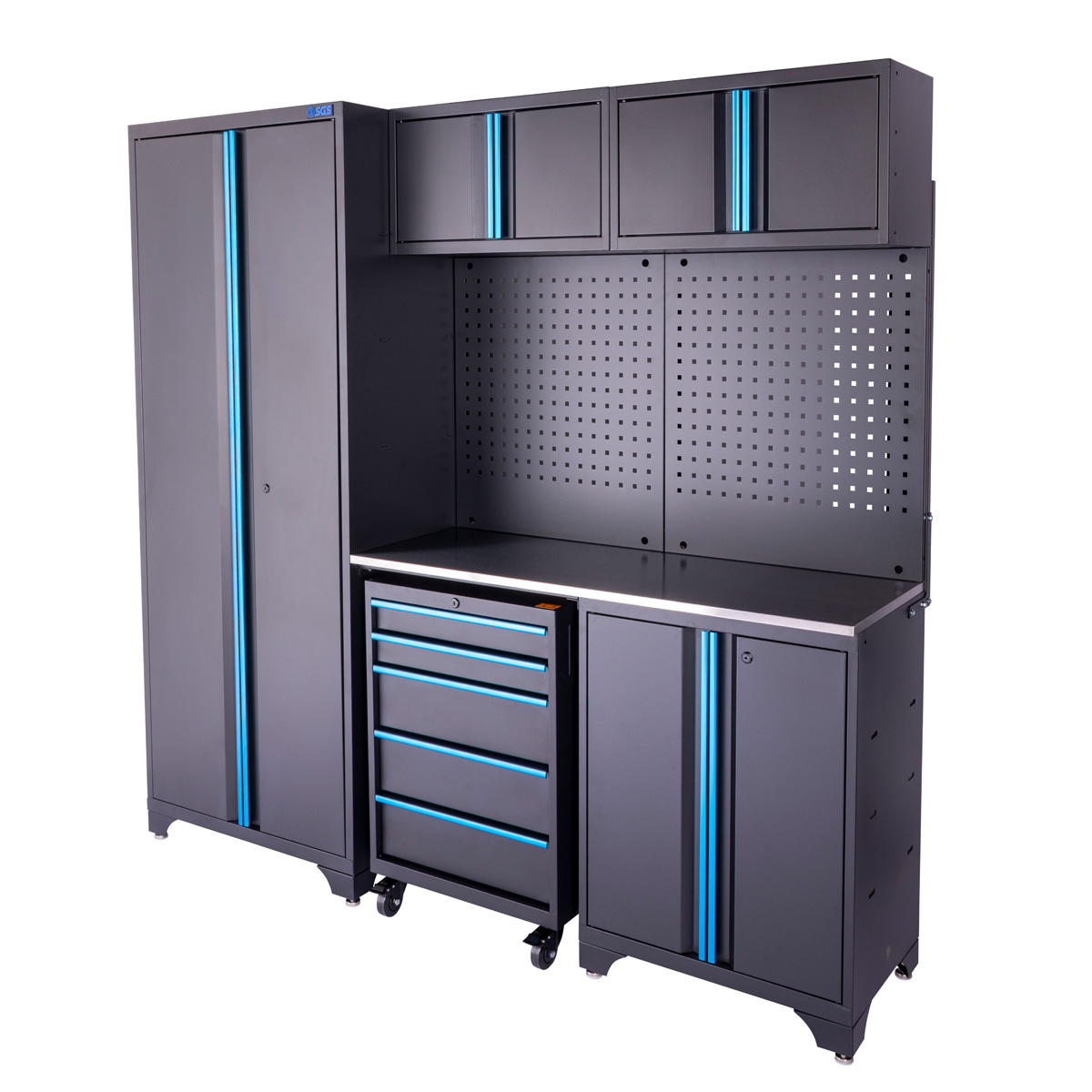 SGS 6pc Garage Storage System | Stainless Work Bench | Wheeled Cabinet | Wall Shelving | Tall Double Side Cabinet | Blue